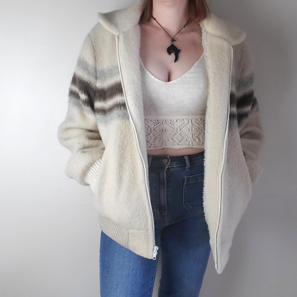 Vintage wool blend zip up striped oversized bomber jacket sherpa lined - Picture 1 of 14